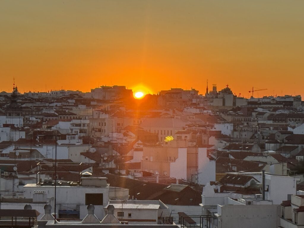 morning sunrise in madrid in the plaza de Espana apartment.
