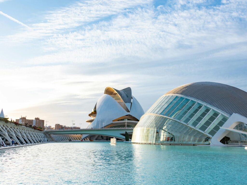 Valencia Bike path through Turia garden to City of Arts and Sciences (Ciudad de las Artes y las Ciencias)