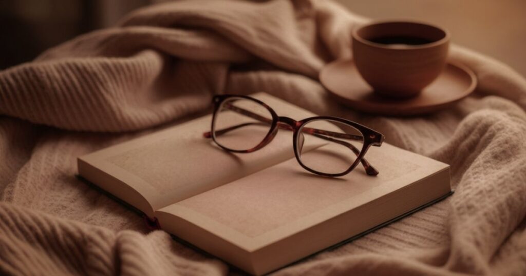 A wide 16:9 cozy lifestyle photo of reading glasses resting on an open journal in bed next to a warm cup of hot herbal tea.