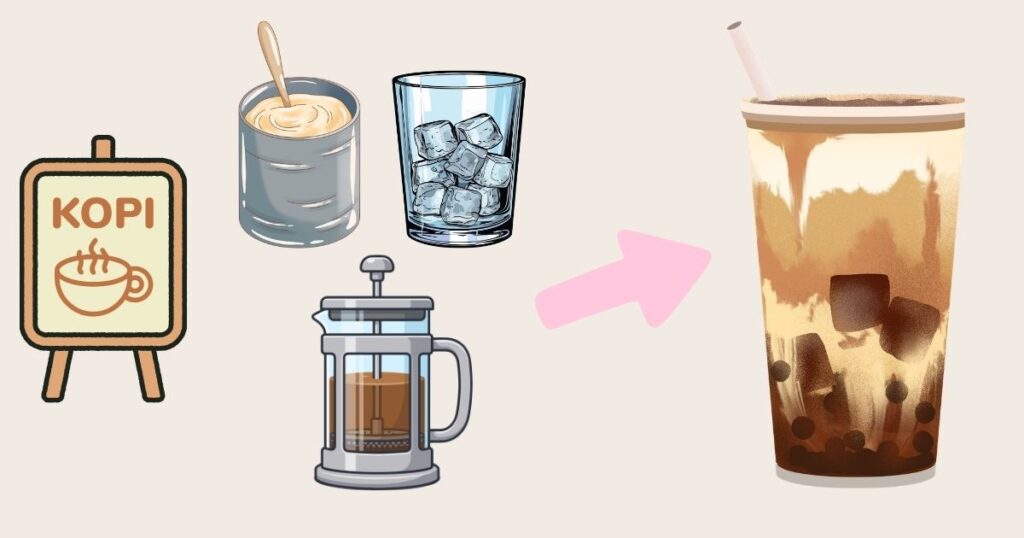 A wide 16:9 graphic recipe card for Singaporean Kopi C Peng, featuring a French press, evaporated milk cans, and a tall glass of iced coffee
