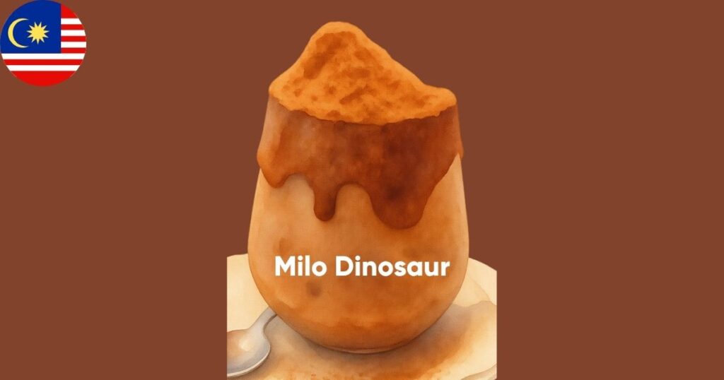 An authentic Malaysian Milo Dinosaur drink in a glass cup, filled with icy chocolate milk overflowing over the rim and topped with a massive, crunchy mound of coarse Milo powder