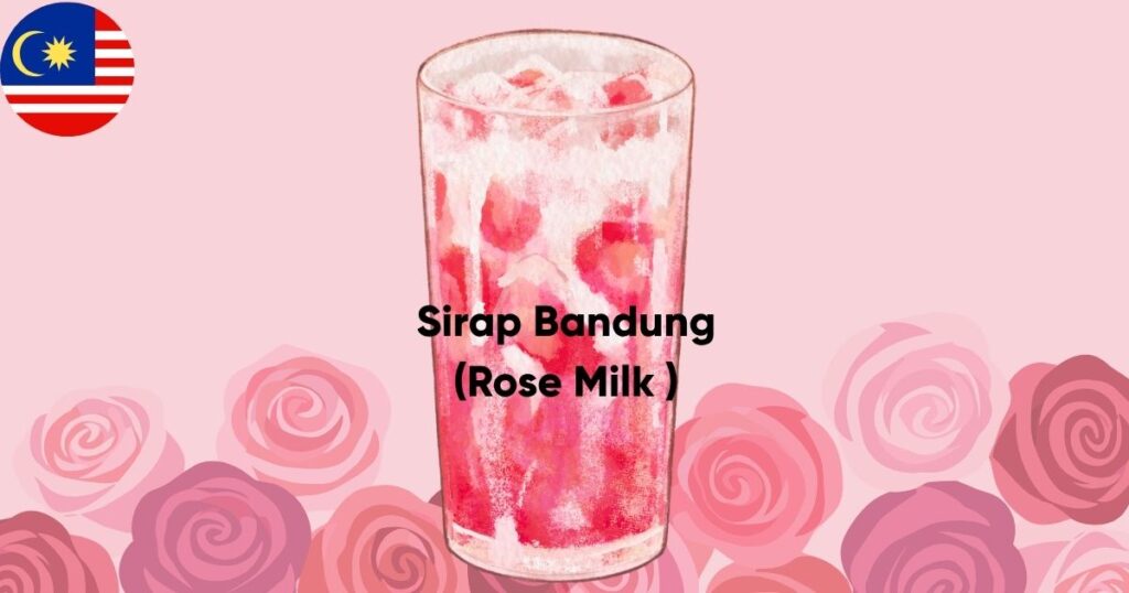 A graphic design of a Sirap Bandung rose milk drink inside a tall glass, decorated with a small Malaysian flag in the corner and set against a soft background of scattered pink rose petals.