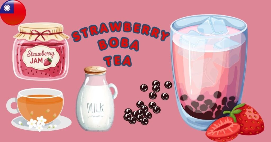 A recipe illustration graphic displaying the ingredients for homemade strawberry bubble tea, including a jar of thick strawberry jam, jasmine green tea, milk, and black tapioca boba pearls, alongside a final drawing of a layered strawberry boba tea in a glass cup.