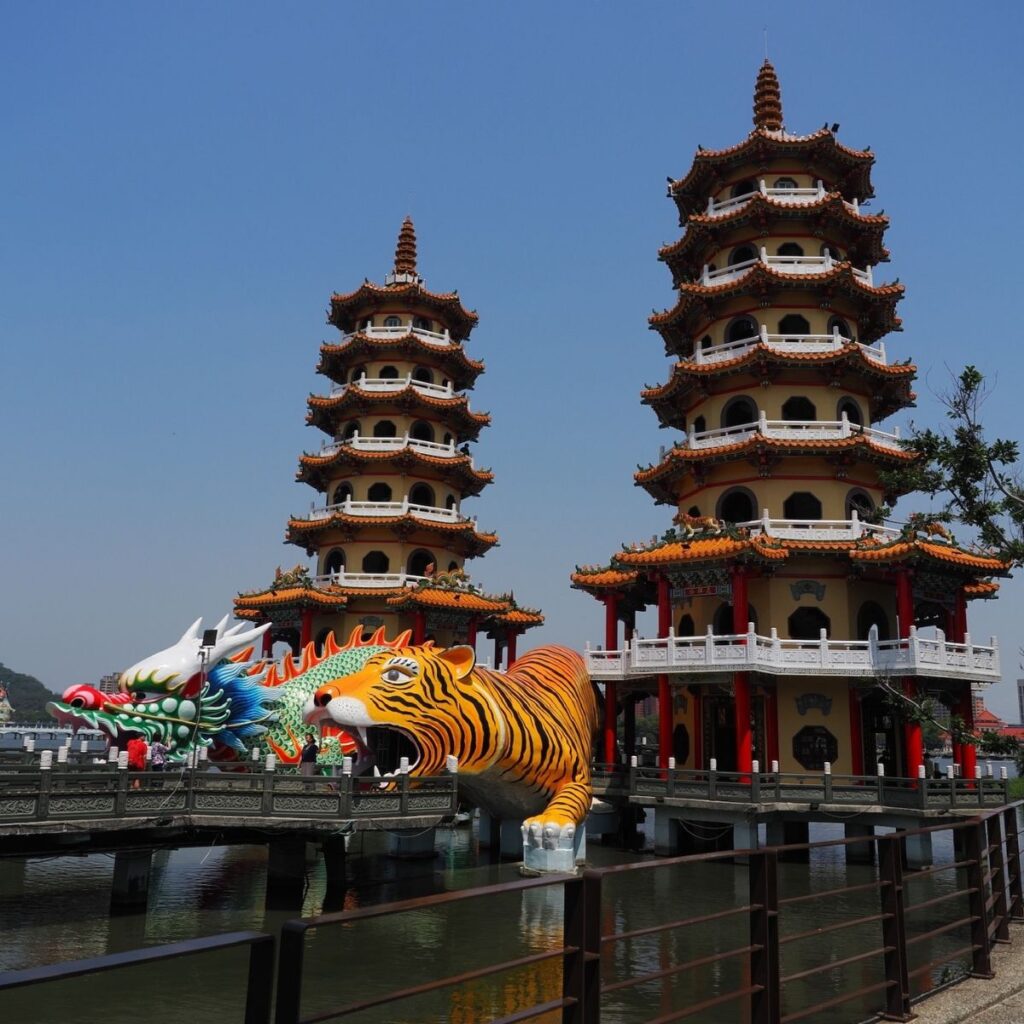 The famous Dragon and Tiger Pagodas twin temple complex by the water in Kaohsiung.