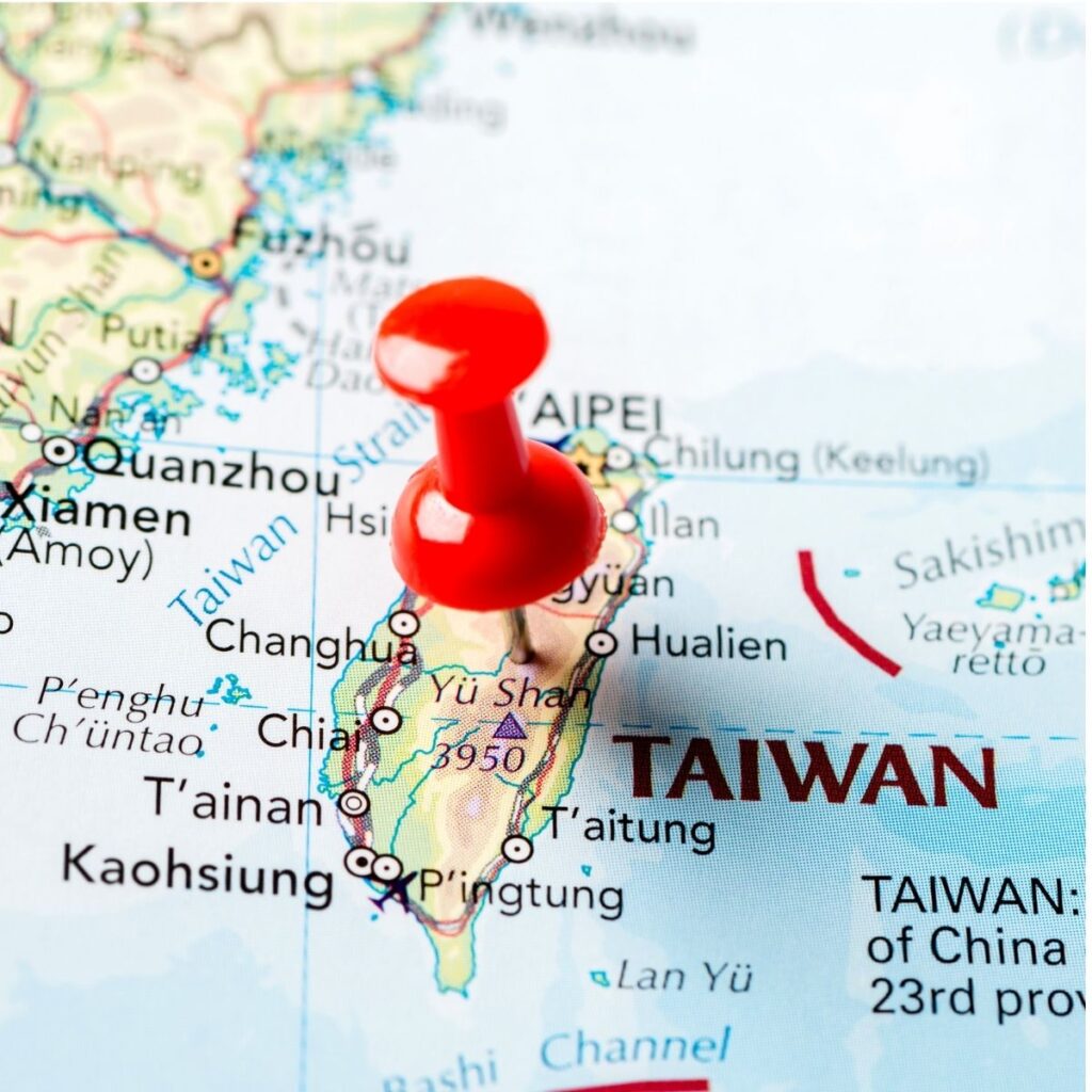 A map of Taiwan featuring a prominent red pin marking a destination
