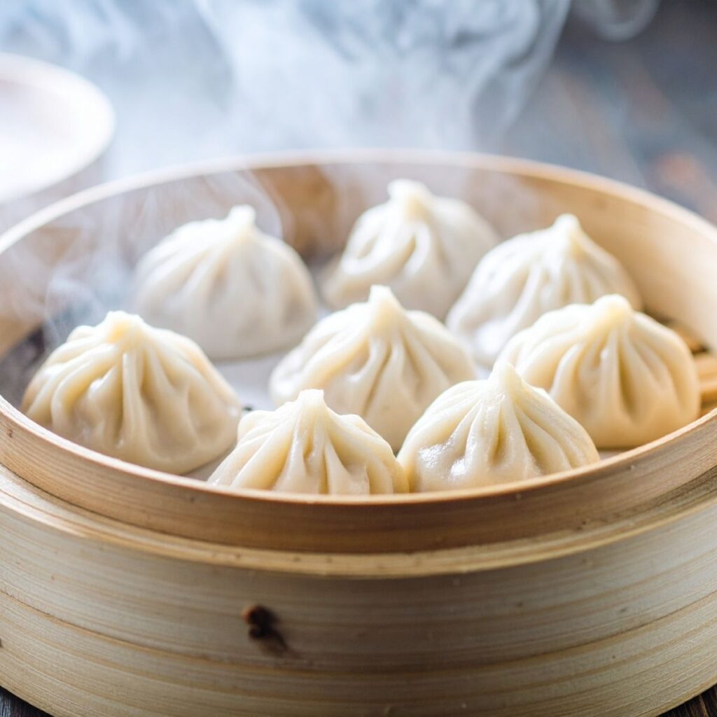 Piping hot xiao long bao (soup dumplings) served fresh inside a traditional bamboo steaming basket.