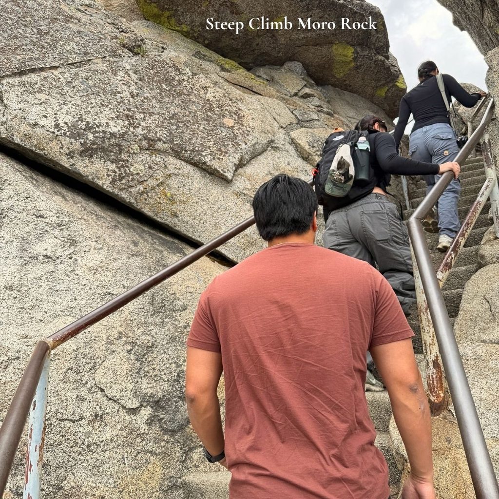 A family climbing the steep, narrow stone staircase with a metal handrail carved directly into the massive granite face of Moro Rock.