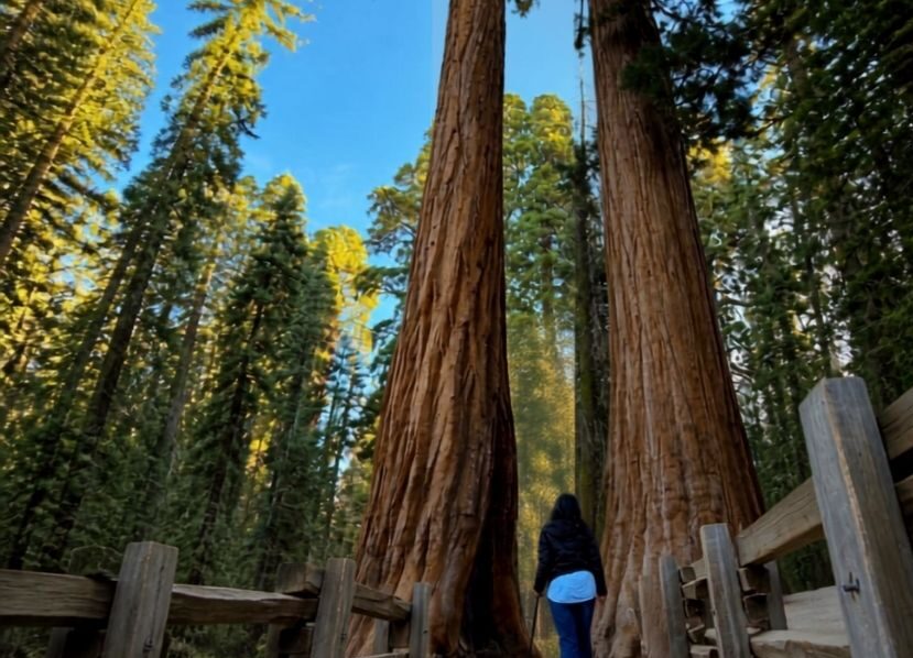 Accessible travel at Sequoia National Park: A traveler with a cane walks down a paved trail between twin giant sequoia tree trunks.