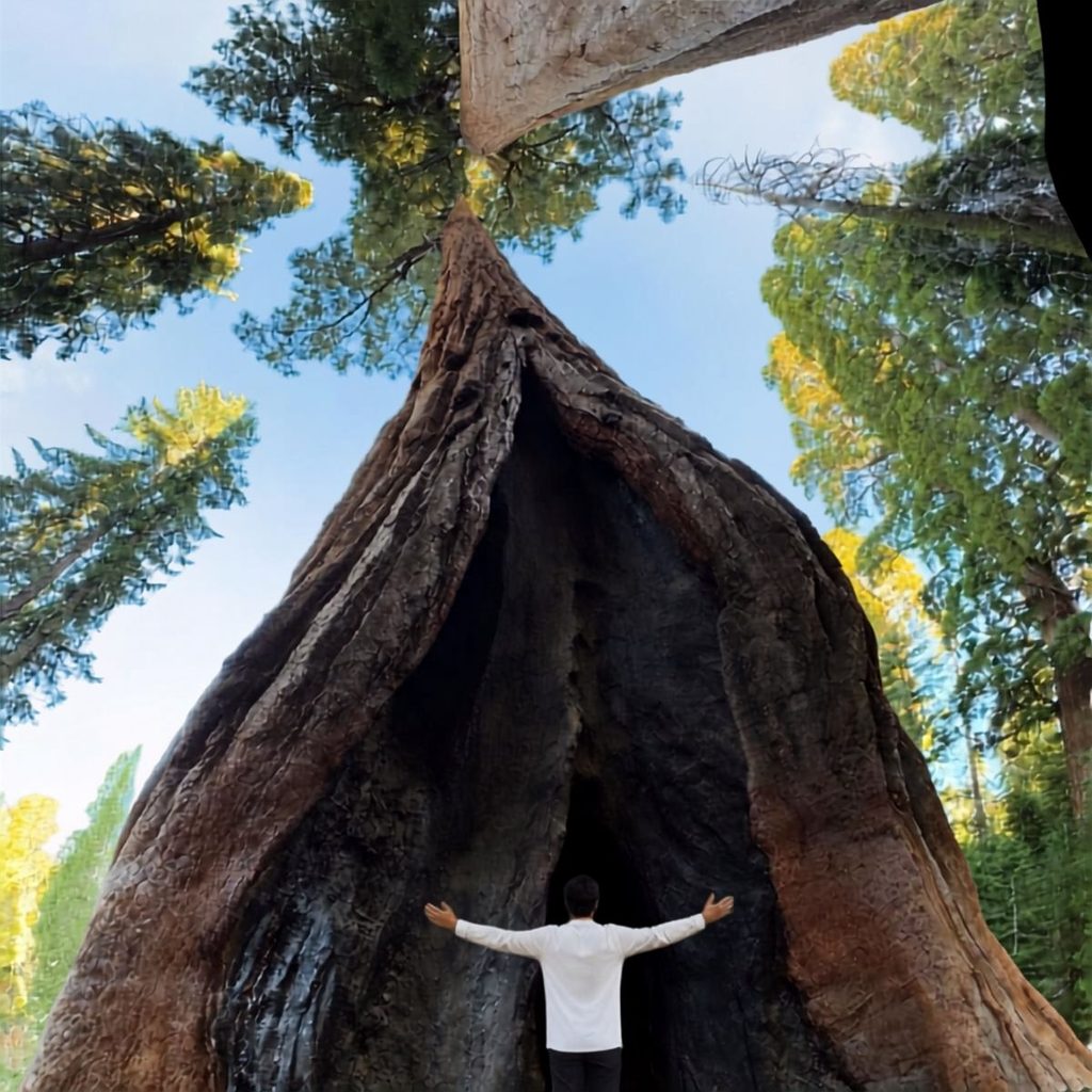 A traveler standing with arms wide open inside the hollow, burned-out base of a massive giant sequoia tree trunk looking up toward the canopy.